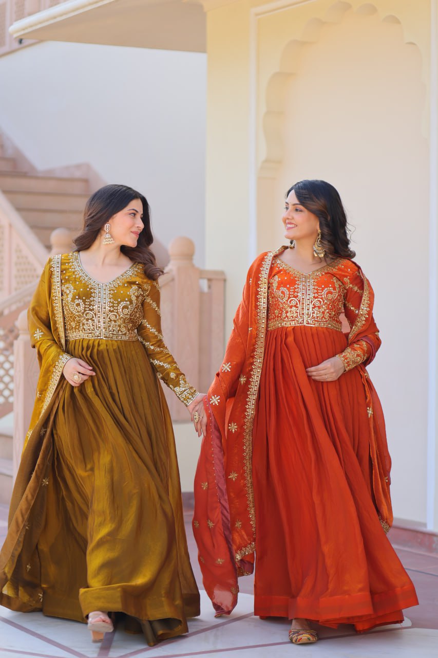 Exquisite Fendy Silk Zari Sequins Worked Gown With Dupatta - ETHNICDEAL