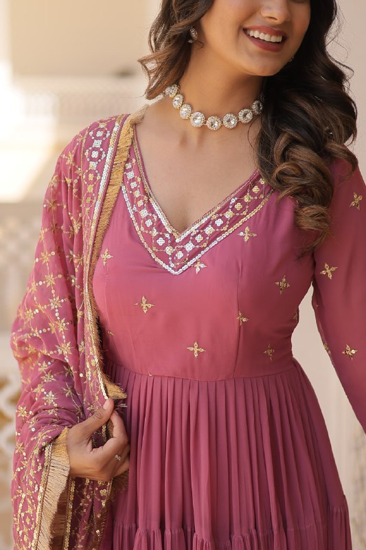 Gorgeous Faux Georgette Sequins Embroidered Gown With Dupatta - Ethnicwish