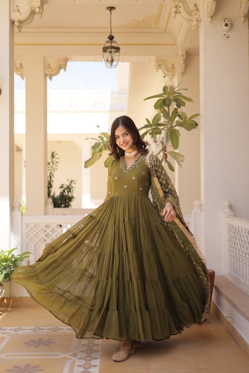 Gorgeous Faux Georgette Sequins Embroidered Gown With Dupatta - Ethnicwish