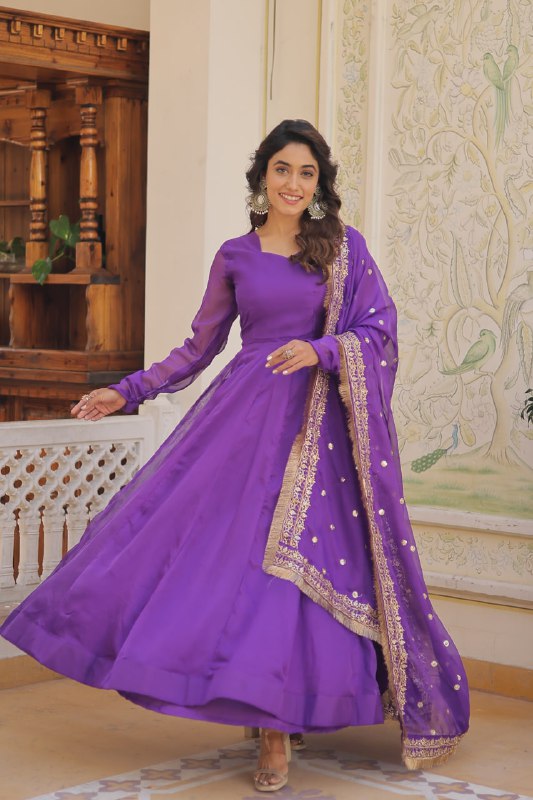 Alluring Russian Silk Fully Stitched Designer Gown With Dupatta - Ethnicwish