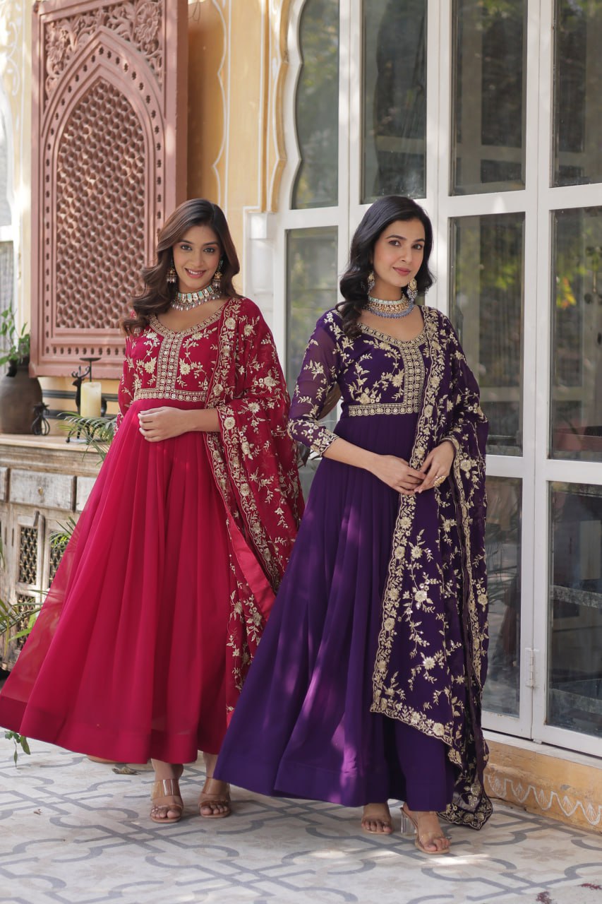 Faux Blooming Sequins & Zari Embroidered Gown With Dupatta - ETHNICDEAL