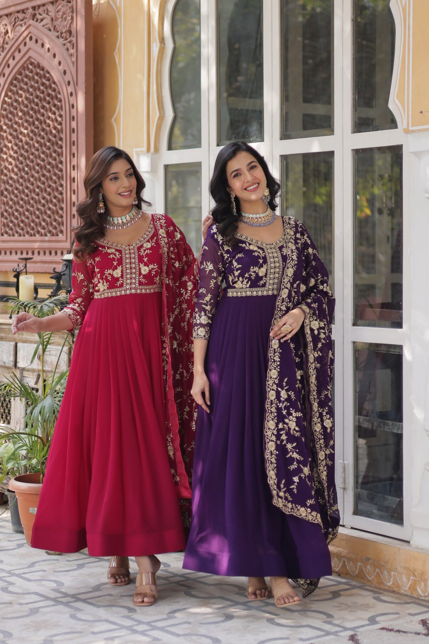 Faux Blooming Sequins & Zari Embroidered Gown With Dupatta - ETHNICDEAL