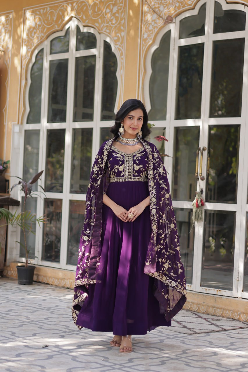 Faux Blooming Sequins & Zari Embroidered Gown With Dupatta - ETHNICDEAL