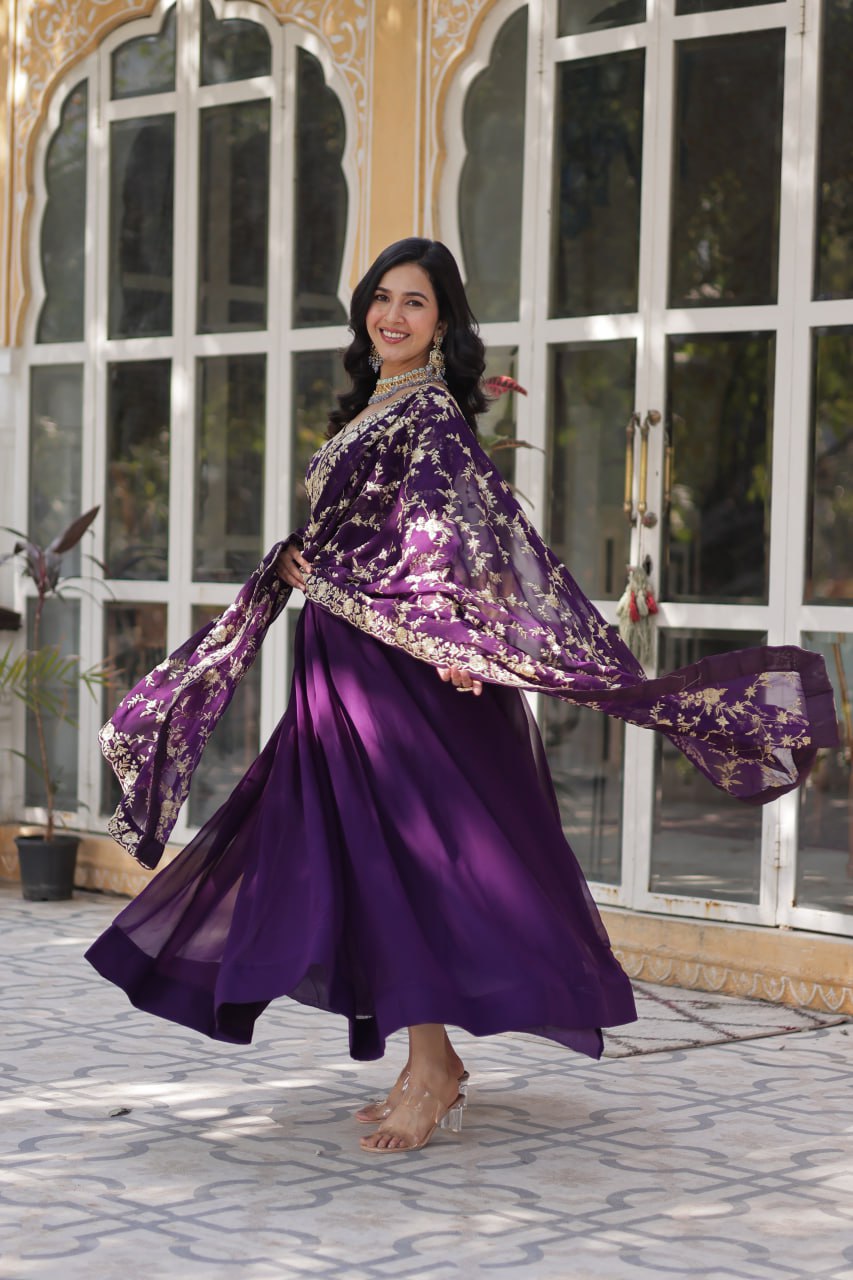 Faux Blooming Sequins & Zari Embroidered Gown With Dupatta - ETHNICDEAL