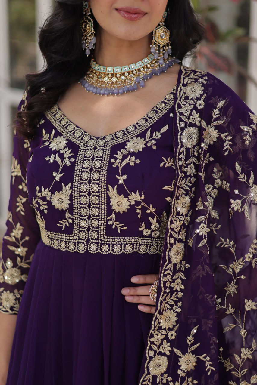 Faux Blooming Sequins & Zari Embroidered Gown With Dupatta - ETHNICDEAL