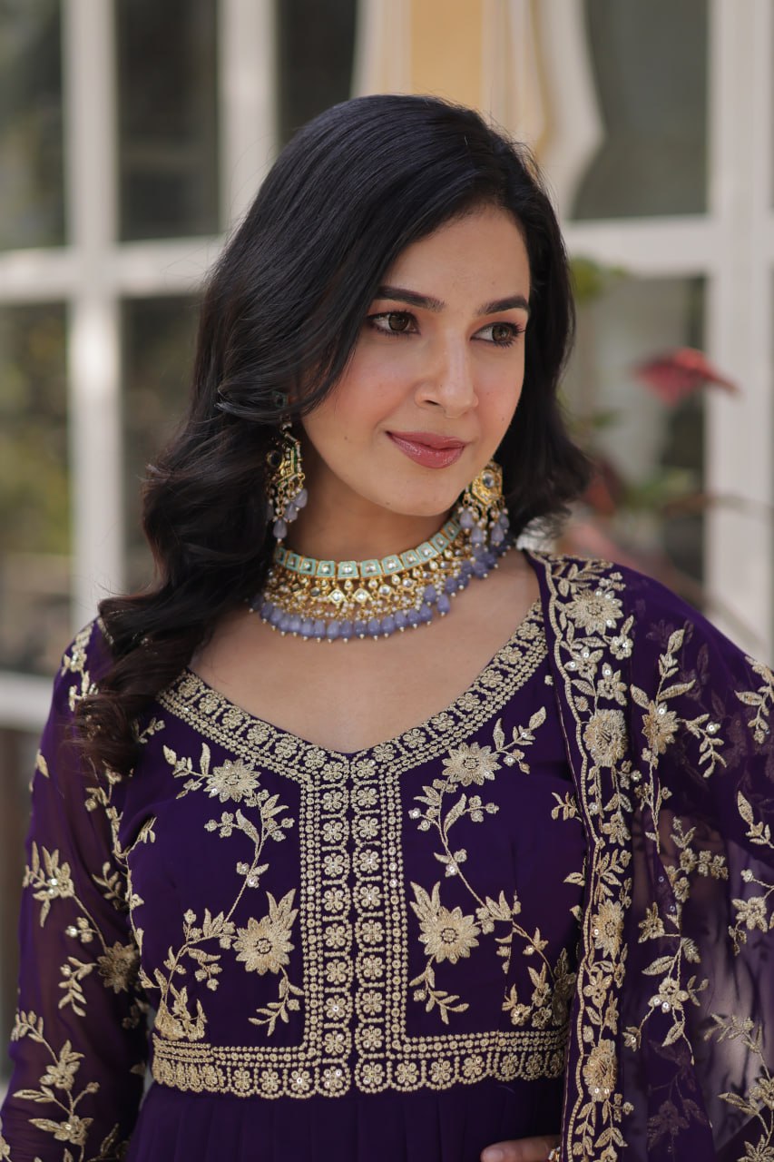 Faux Blooming Sequins & Zari Embroidered Gown With Dupatta - ETHNICDEAL