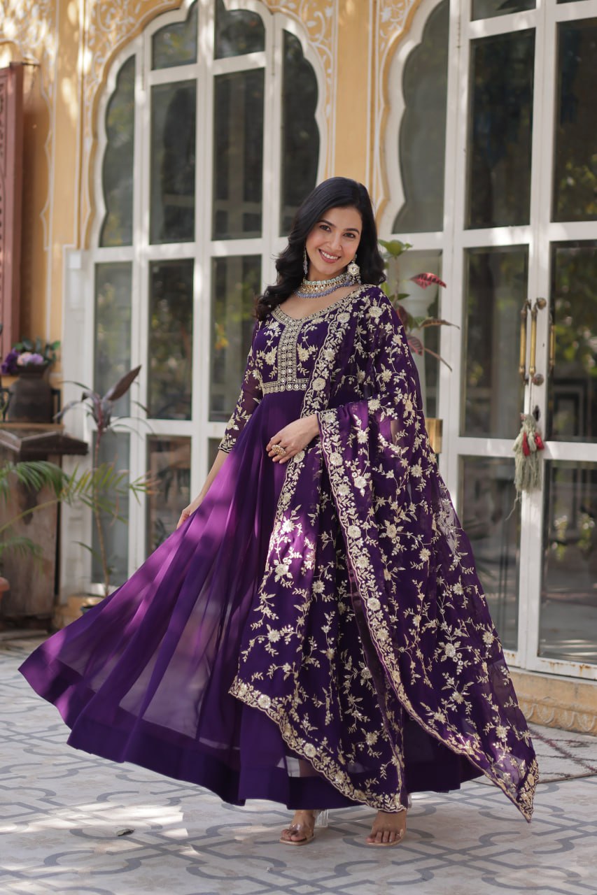 Faux Blooming Sequins & Zari Embroidered Gown With Dupatta - ETHNICDEAL
