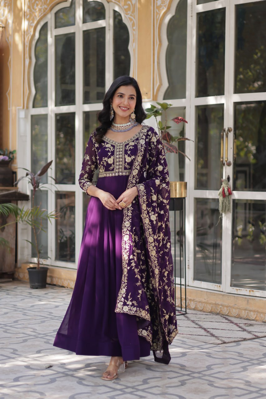 Faux Blooming Sequins & Zari Embroidered Gown With Dupatta - ETHNICDEAL