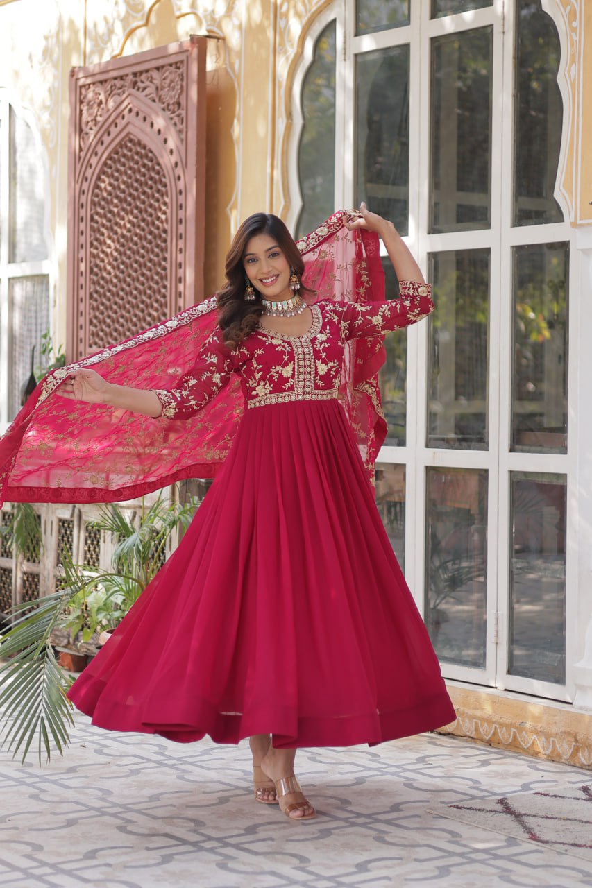 Faux Blooming Sequins & Zari Embroidered Gown With Dupatta - ETHNICDEAL