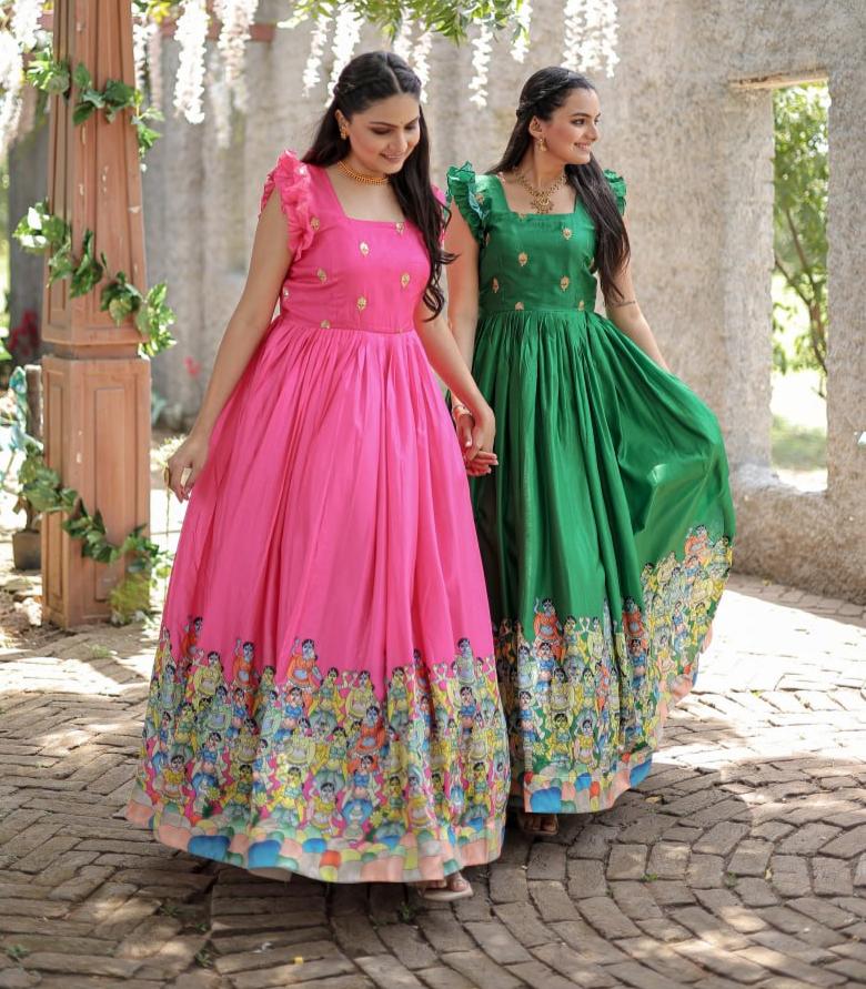 Stunning Dola Silk Designer Printed Fully Stitched Gown - Ethnicwish