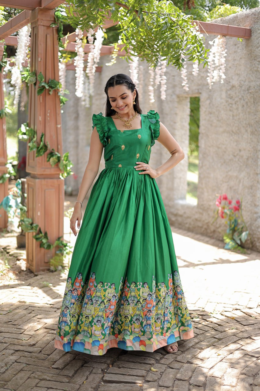 Stunning Dola Silk Designer Printed Fully Stitched Gown - Ethnicwish