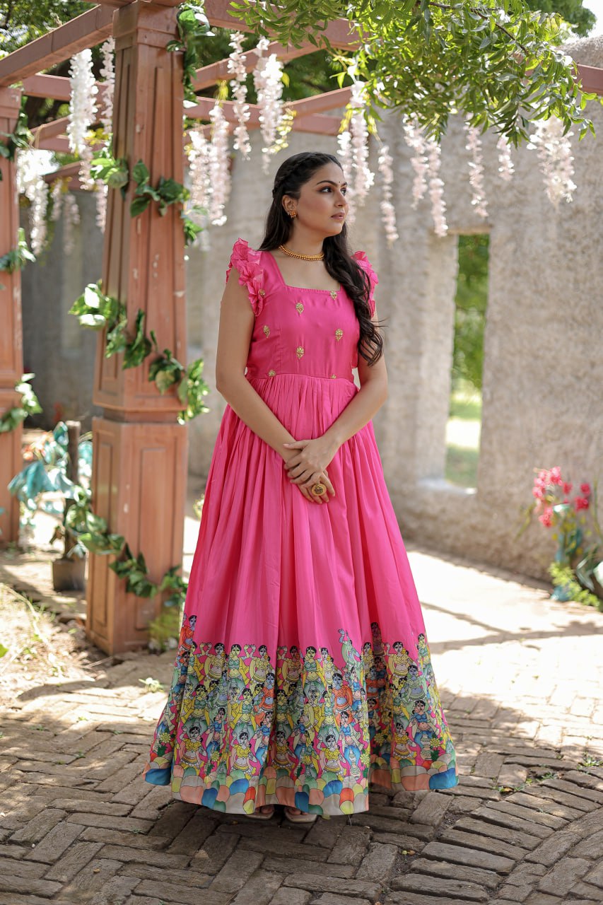 Stunning Dola Silk Designer Printed Fully Stitched Gown - Ethnicwish