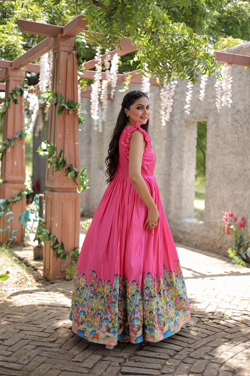 Stunning Dola Silk Designer Printed Fully Stitched Gown - Ethnicwish