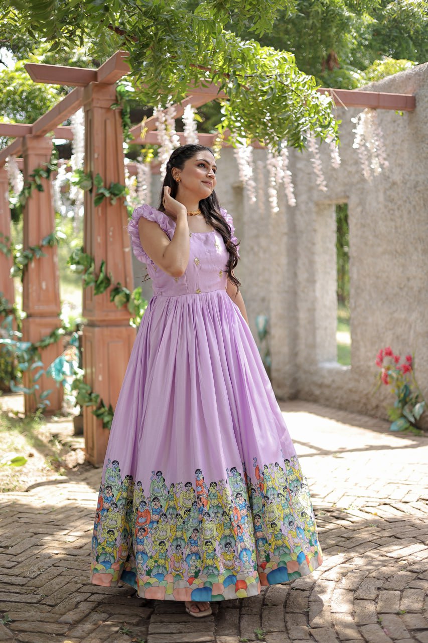 Stunning Dola Silk Designer Printed Fully Stitched Gown - Ethnicwish