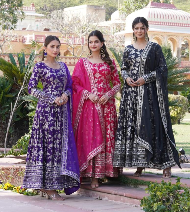 Stunning Viscous Jacquard Sequins Embroidered Designer Gown With Dupatta - Ethnicwish