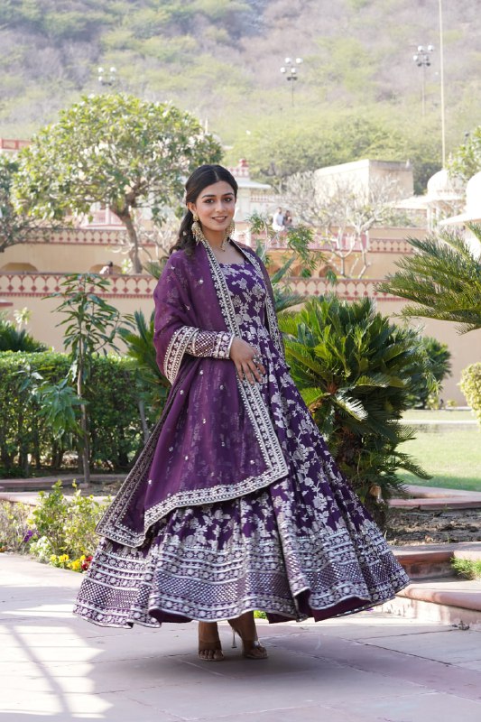 Stunning Viscous Jacquard Sequins Embroidered Designer Gown With Dupatta - Ethnicwish