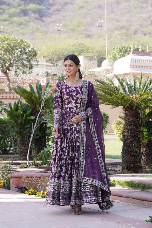 Stunning Viscous Jacquard Sequins Embroidered Designer Gown With Dupatta - Ethnicwish