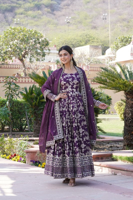 Stunning Viscous Jacquard Sequins Embroidered Designer Gown With Dupatta - Ethnicwish