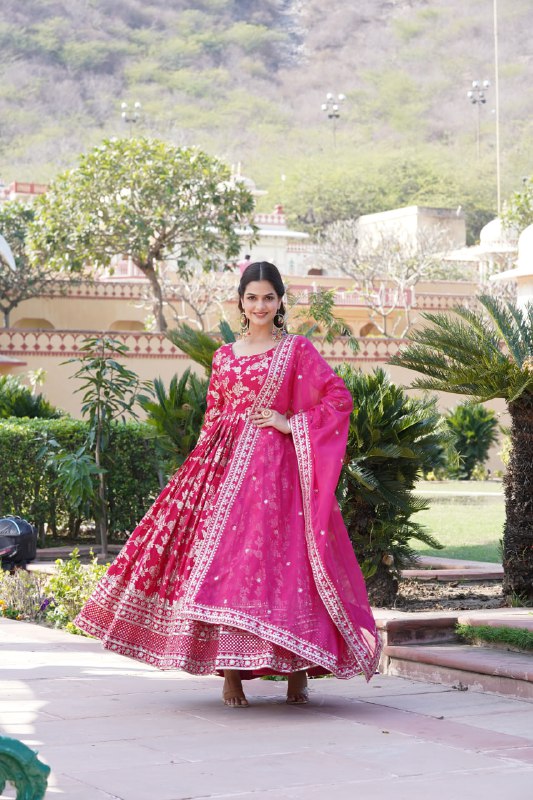 Stunning Viscous Jacquard Sequins Embroidered Designer Gown With Dupatta - Ethnicwish