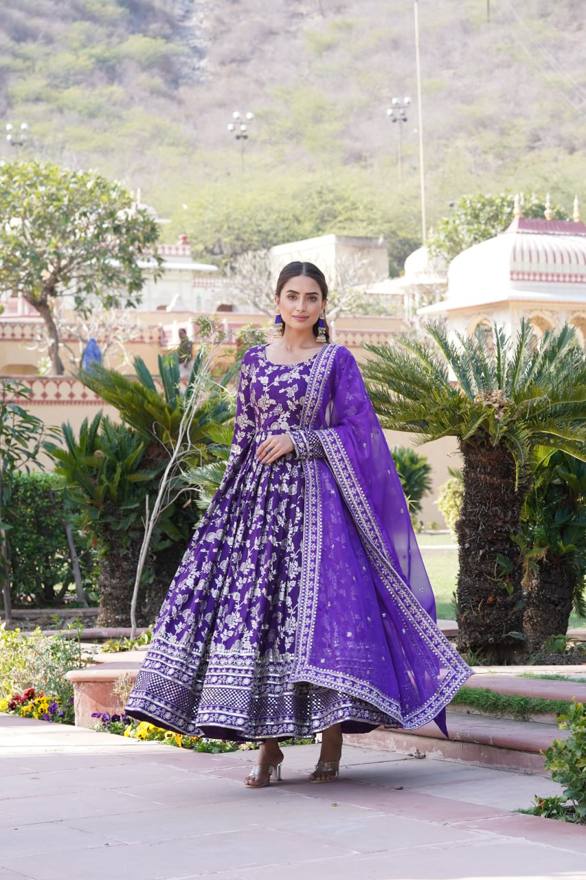 Stunning Viscous Jacquard Sequins Embroidered Designer Gown With Dupatta - Ethnicwish