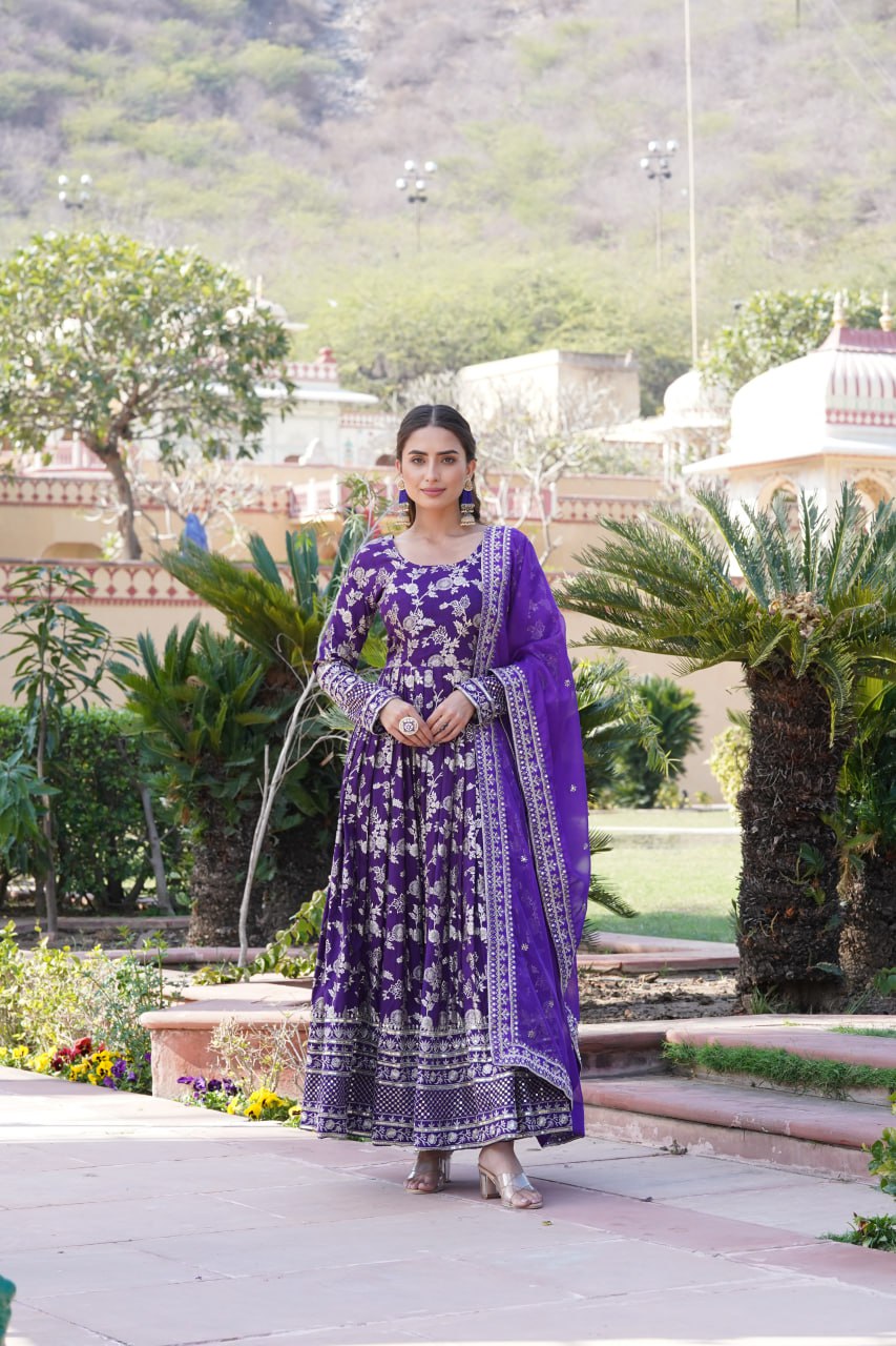 Stunning Viscous Jacquard Sequins Embroidered Designer Gown With Dupatta - Ethnicwish