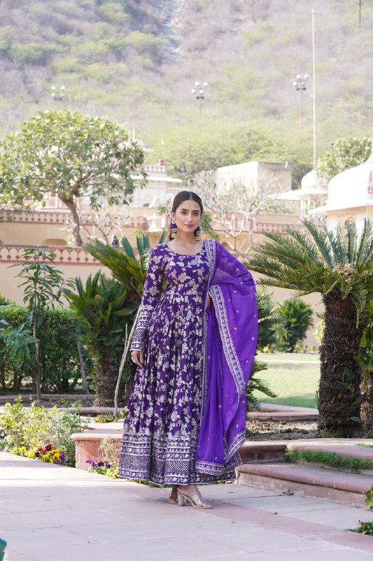 Stunning Viscous Jacquard Sequins Embroidered Designer Gown With Dupatta - Ethnicwish
