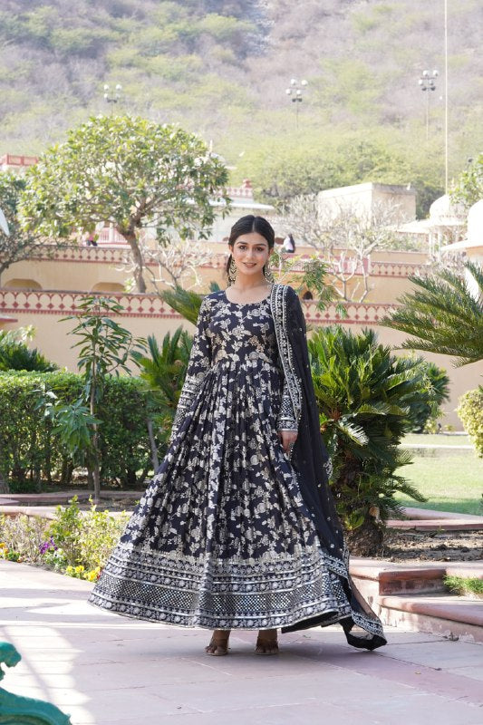 Stunning Viscous Jacquard Sequins Embroidered Designer Gown With Dupatta - Ethnicwish