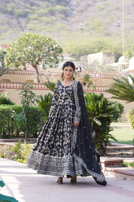 Stunning Viscous Jacquard Sequins Embroidered Designer Gown With Dupatta - Ethnicwish