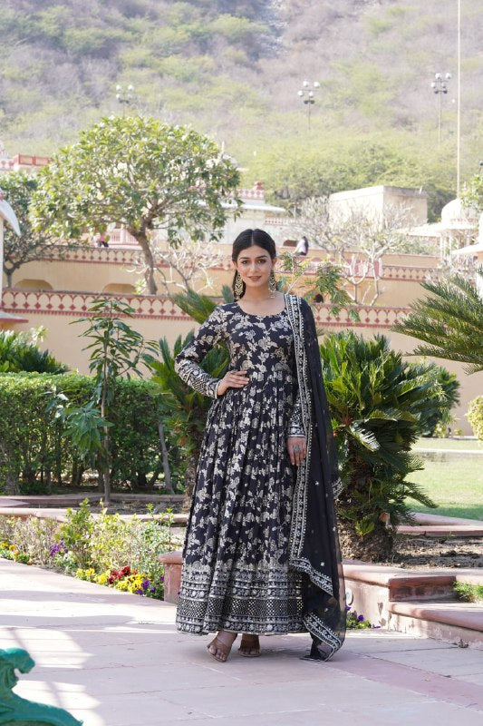 Stunning Viscous Jacquard Sequins Embroidered Designer Gown With Dupatta - Ethnicwish