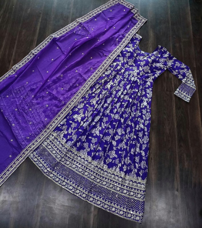 Stunning Viscous Jacquard Sequins Embroidered Designer Gown With Dupatta - Ethnicwish