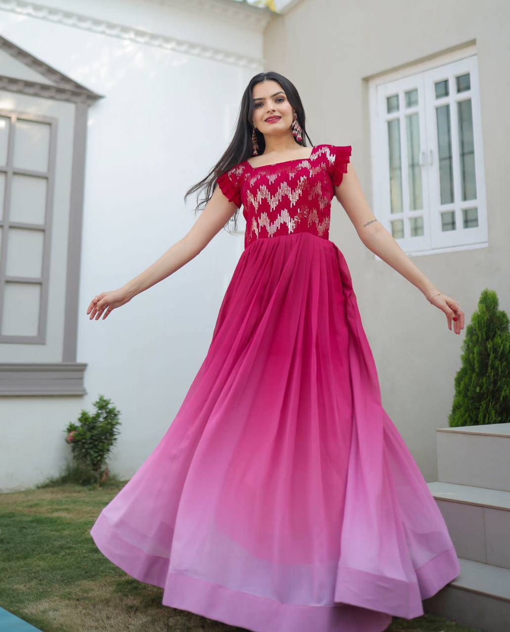 Dashing Faux Georgette Shaded Sequins Worked Gown - Ethnicwish