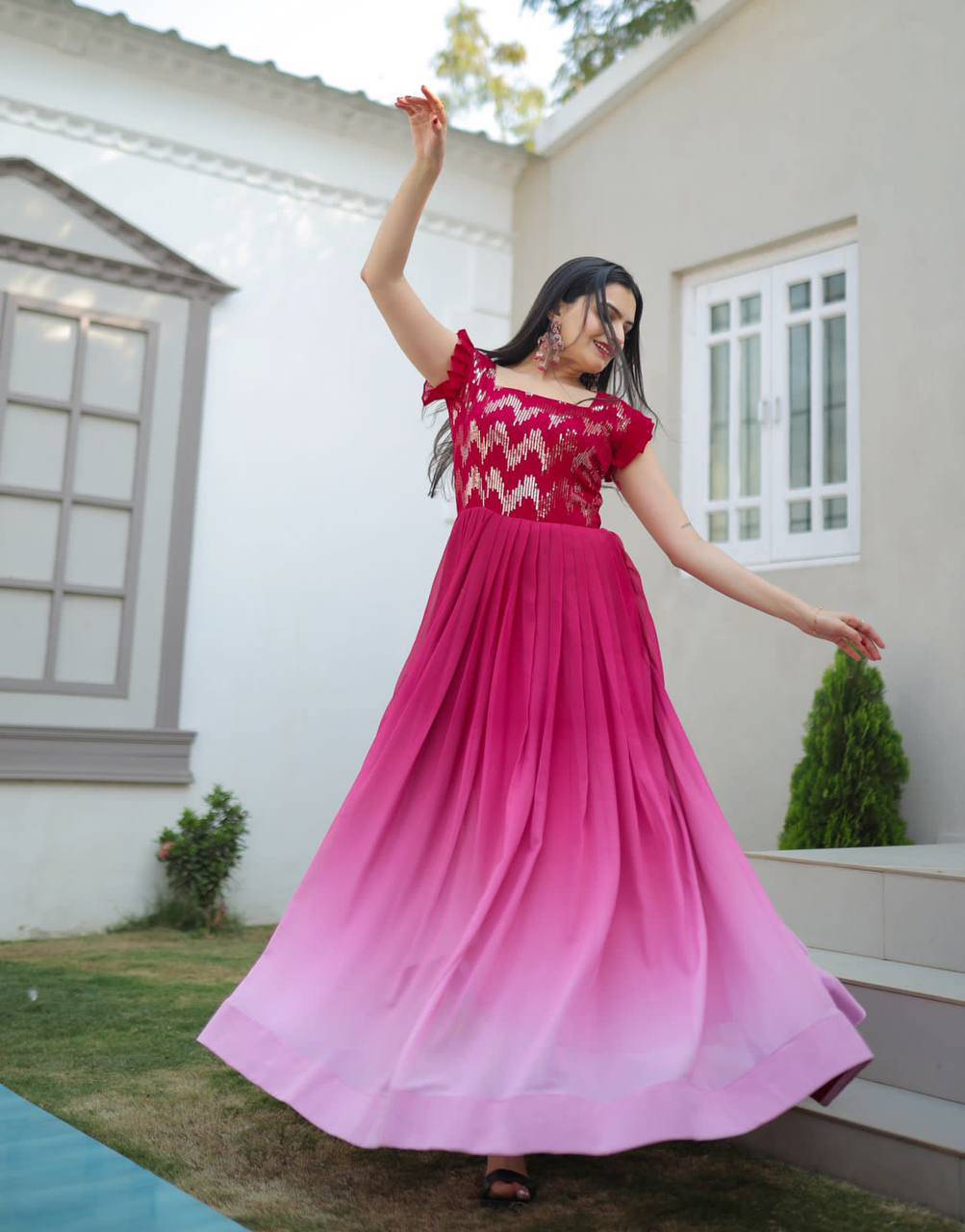 Dashing Faux Georgette Shaded Sequins Worked Gown - Ethnicwish