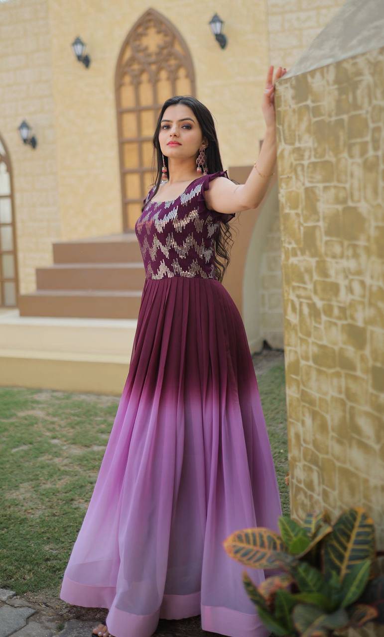 Dashing Faux Georgette Shaded Sequins Worked Gown - Ethnicwish
