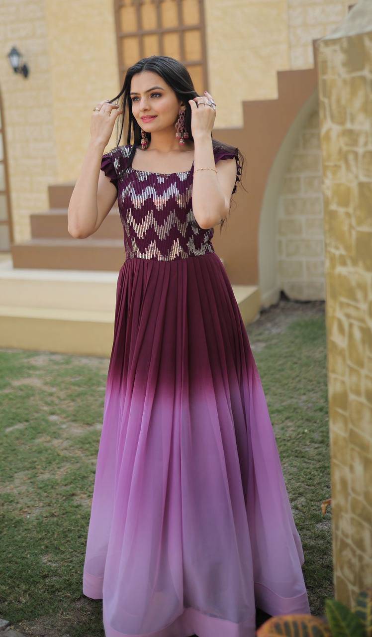 Dashing Faux Georgette Shaded Sequins Worked Gown - Ethnicwish