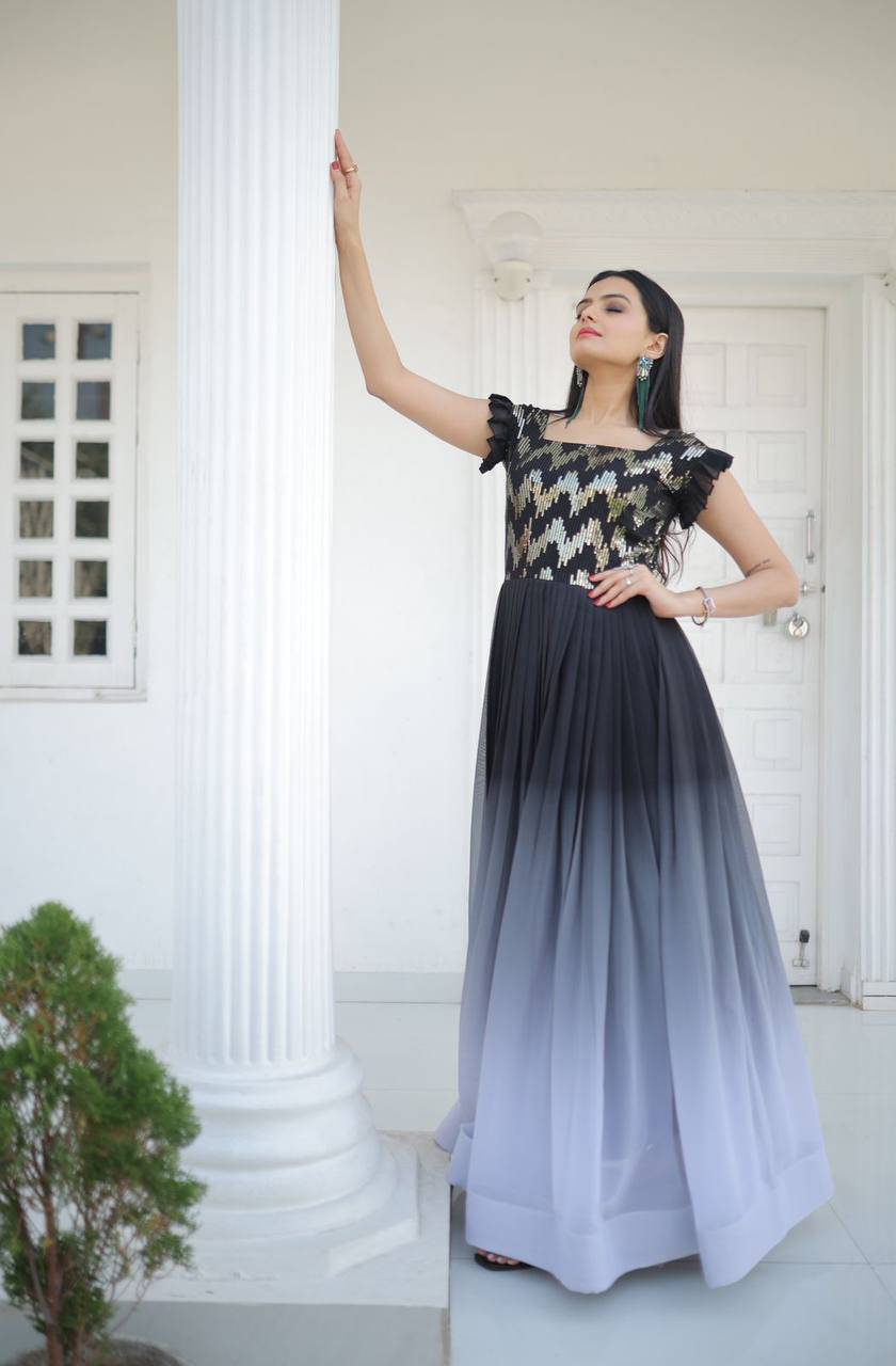 Dashing Faux Georgette Shaded Sequins Worked Gown - Ethnicwish