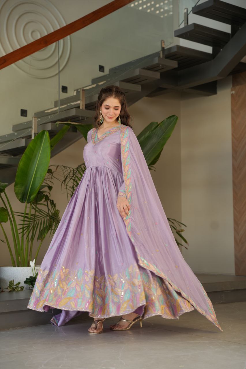 Chinnon Sequins & Thread Embroidered Gown Set – Fully Stitched & Ready to Wear - ETHNICDEAL