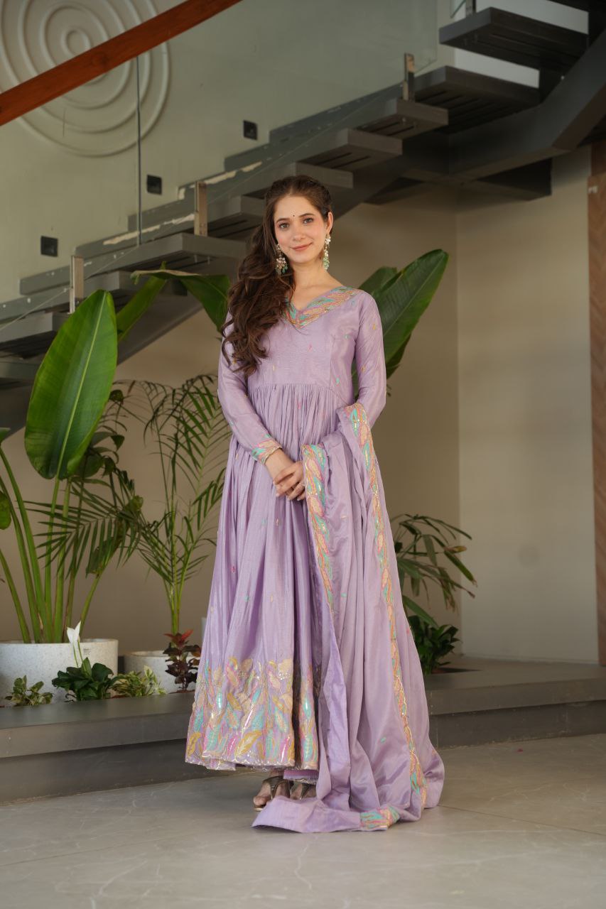 Chinnon Sequins & Thread Embroidered Gown Set – Fully Stitched & Ready to Wear - ETHNICDEAL