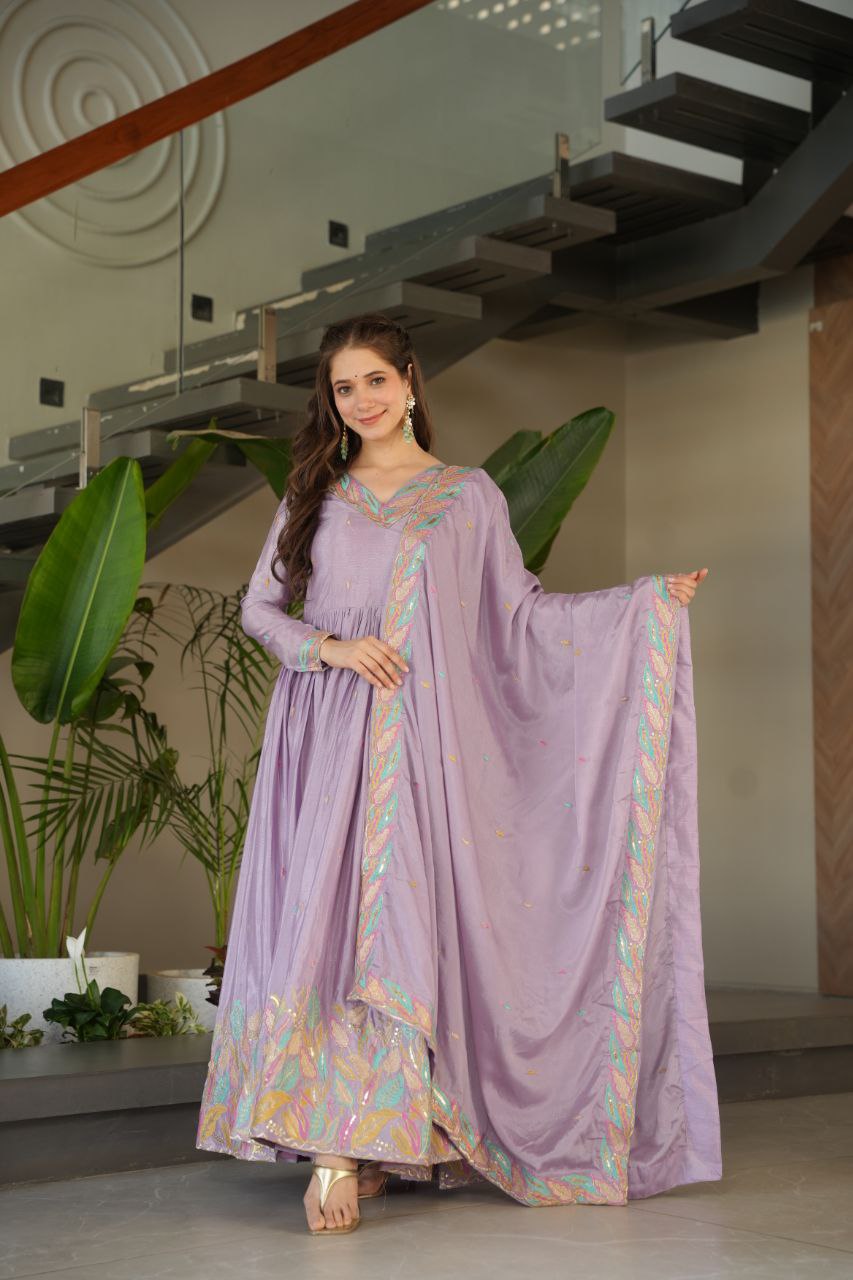 Chinnon Sequins & Thread Embroidered Gown Set – Fully Stitched & Ready to Wear - ETHNICDEAL