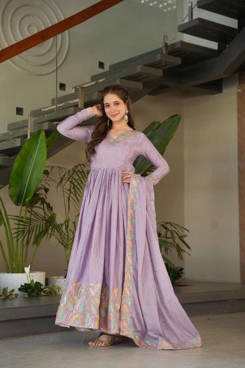Chinnon Sequins & Thread Embroidered Gown Set – Fully Stitched & Ready to Wear - ETHNICDEAL
