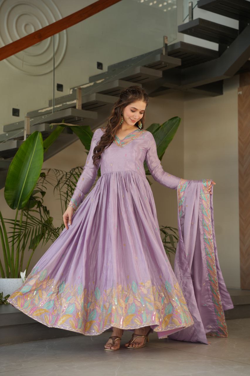 Chinnon Sequins & Thread Embroidered Gown Set – Fully Stitched & Ready to Wear - ETHNICDEAL