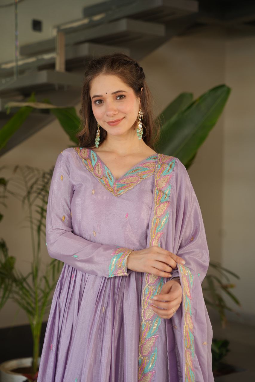 Chinnon Sequins & Thread Embroidered Gown Set – Fully Stitched & Ready to Wear - ETHNICDEAL