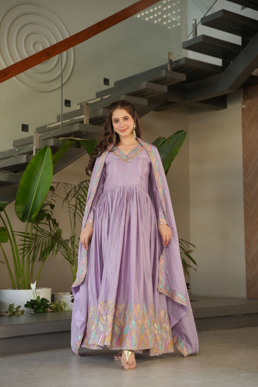 Chinnon Sequins & Thread Embroidered Gown Set – Fully Stitched & Ready to Wear - ETHNICDEAL