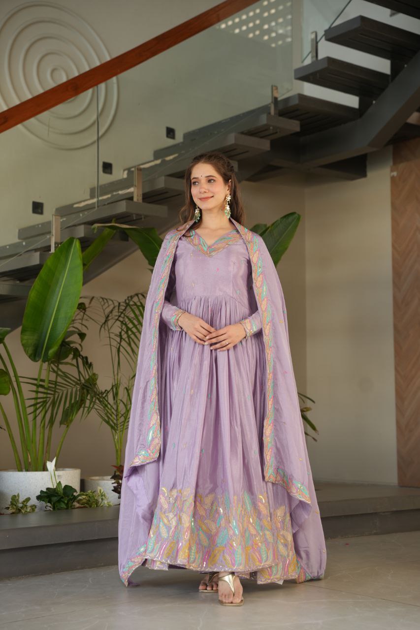Chinnon Sequins & Thread Embroidered Gown Set – Fully Stitched & Ready to Wear - ETHNICDEAL