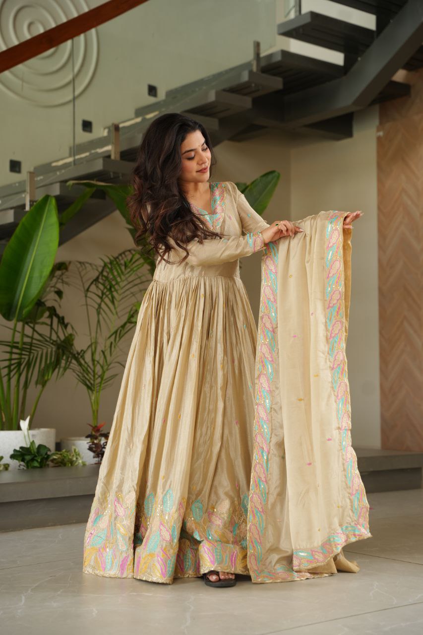 Chinnon Sequins & Thread Embroidered Gown Set – Fully Stitched & Ready to Wear - ETHNICDEAL