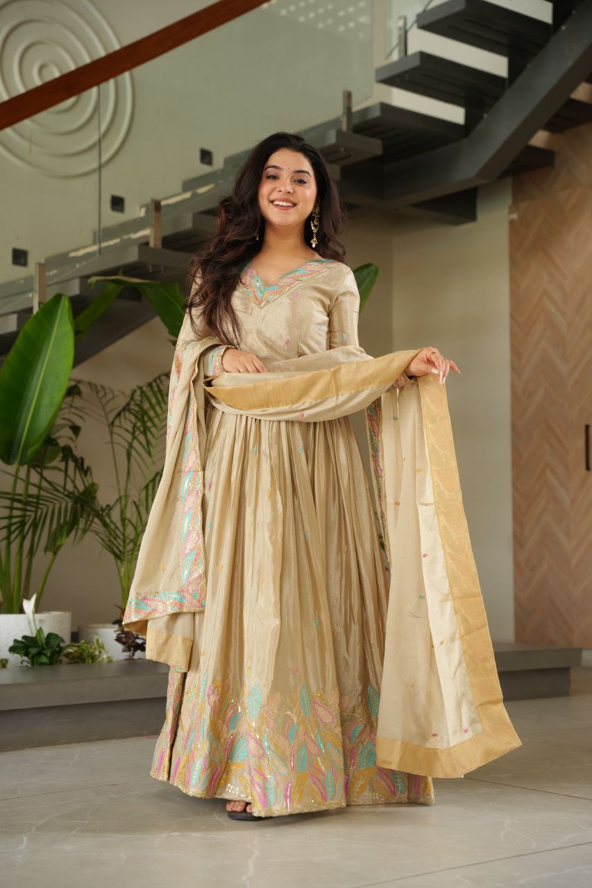 Chinnon Sequins & Thread Embroidered Gown Set – Fully Stitched & Ready to Wear - ETHNICDEAL