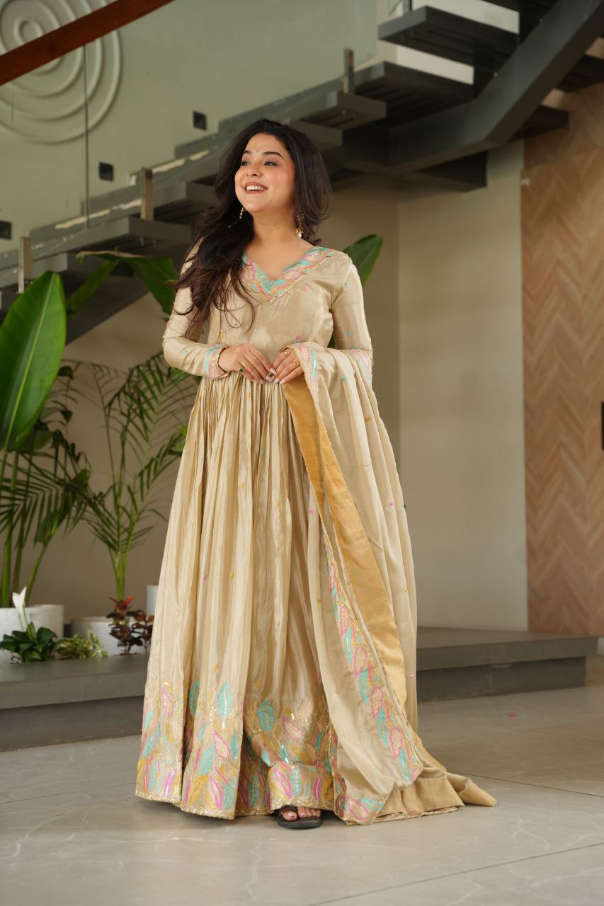 Chinnon Sequins & Thread Embroidered Gown Set – Fully Stitched & Ready to Wear - ETHNICDEAL
