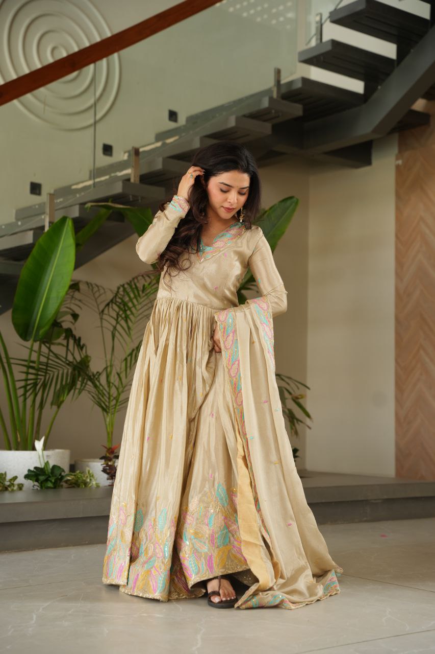 Chinnon Sequins & Thread Embroidered Gown Set – Fully Stitched & Ready to Wear - ETHNICDEAL