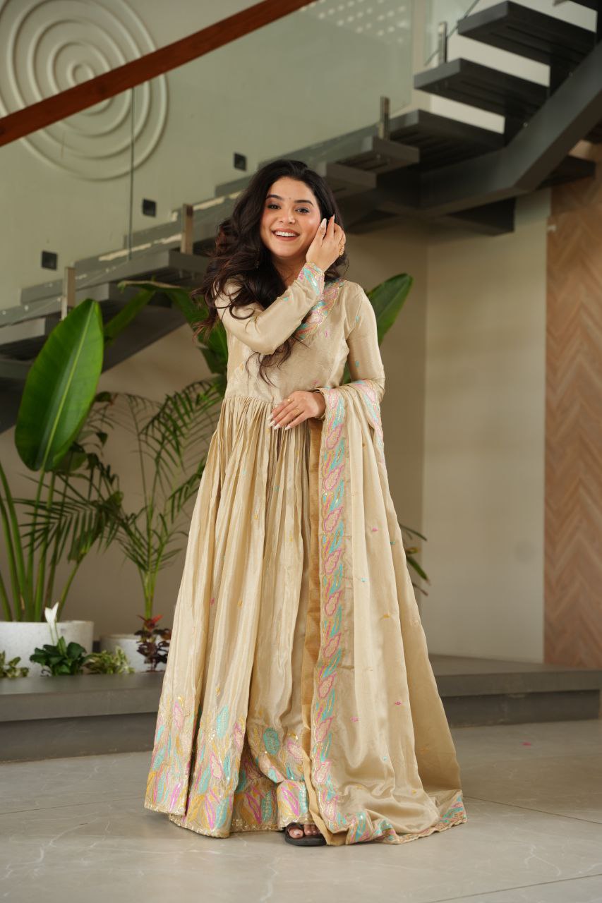 Chinnon Sequins & Thread Embroidered Gown Set – Fully Stitched & Ready to Wear - ETHNICDEAL