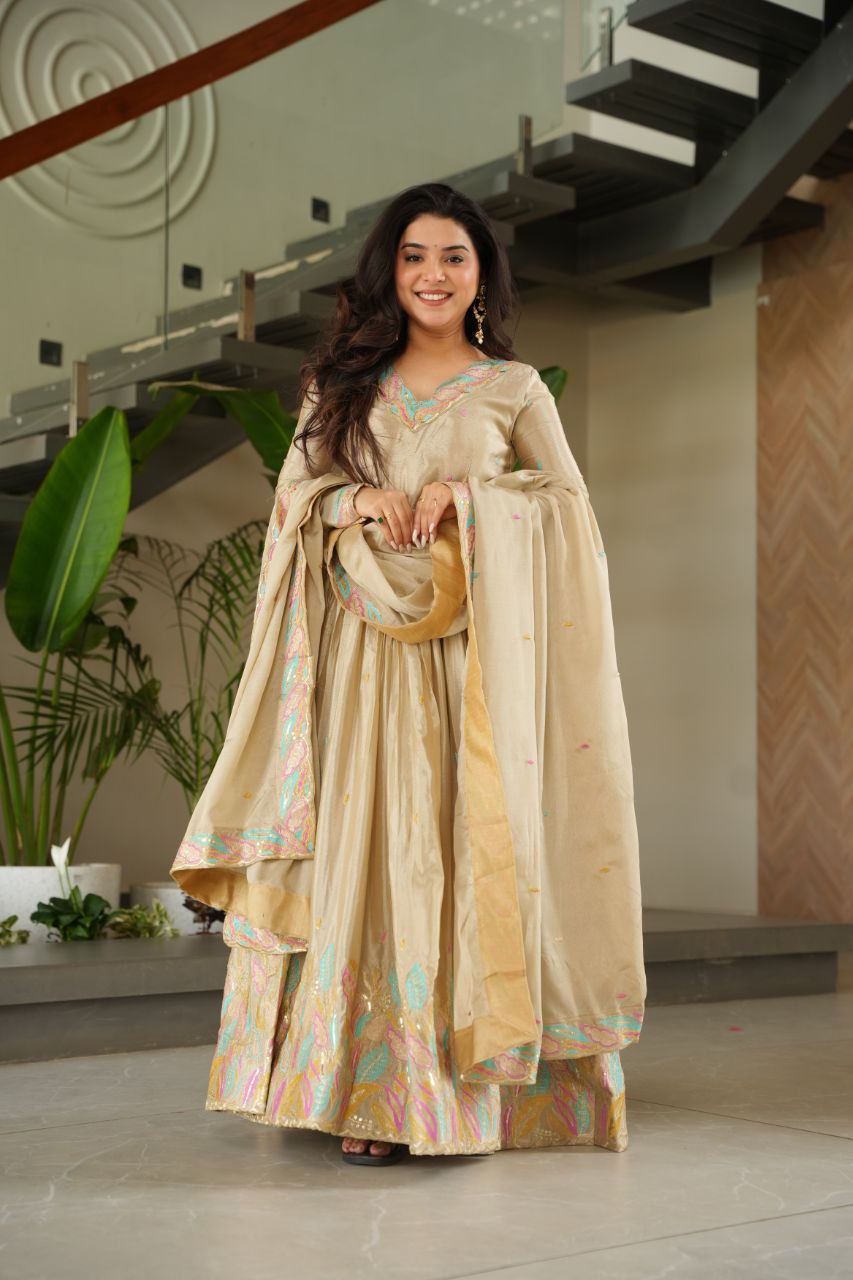 Chinnon Sequins & Thread Embroidered Gown Set – Fully Stitched & Ready to Wear - ETHNICDEAL