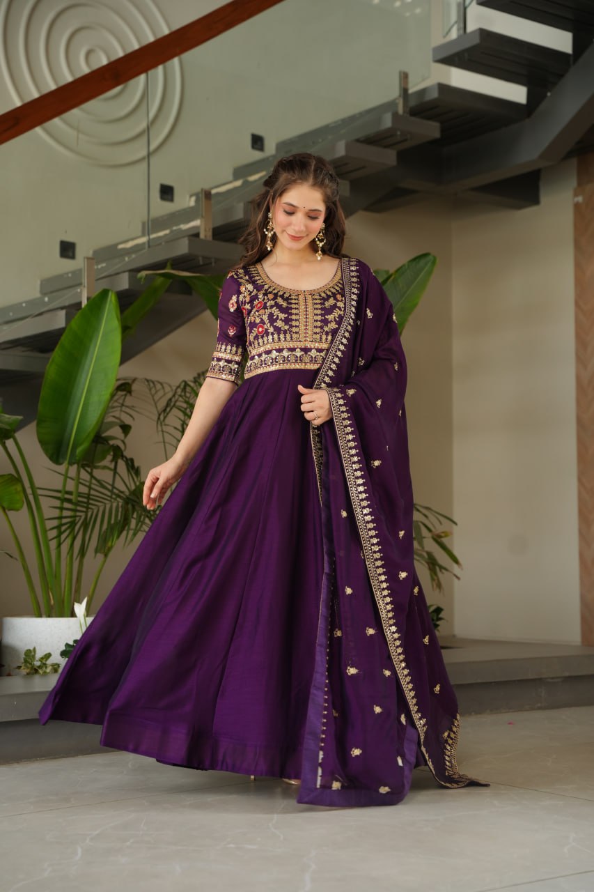 Purple Vichitra Silk Gown with Sequins & Zari Embroidery With Dupatta - ETHNICDEAL